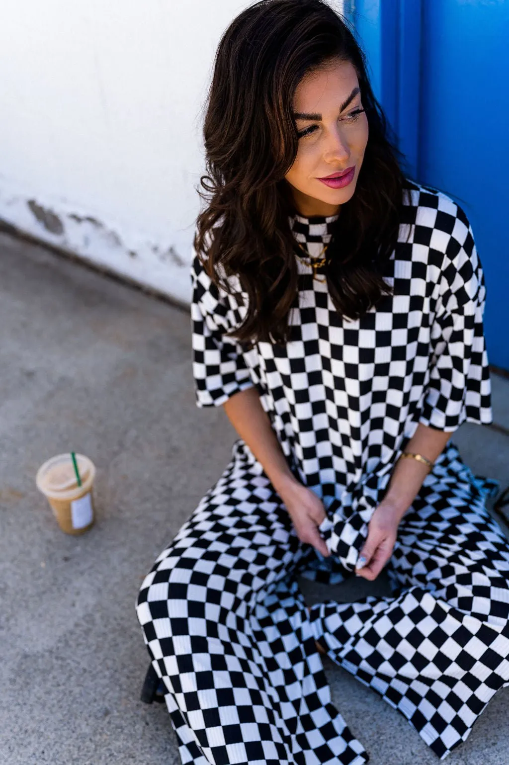 Lex Ribbed Playsuit in Black and White Checkerboard