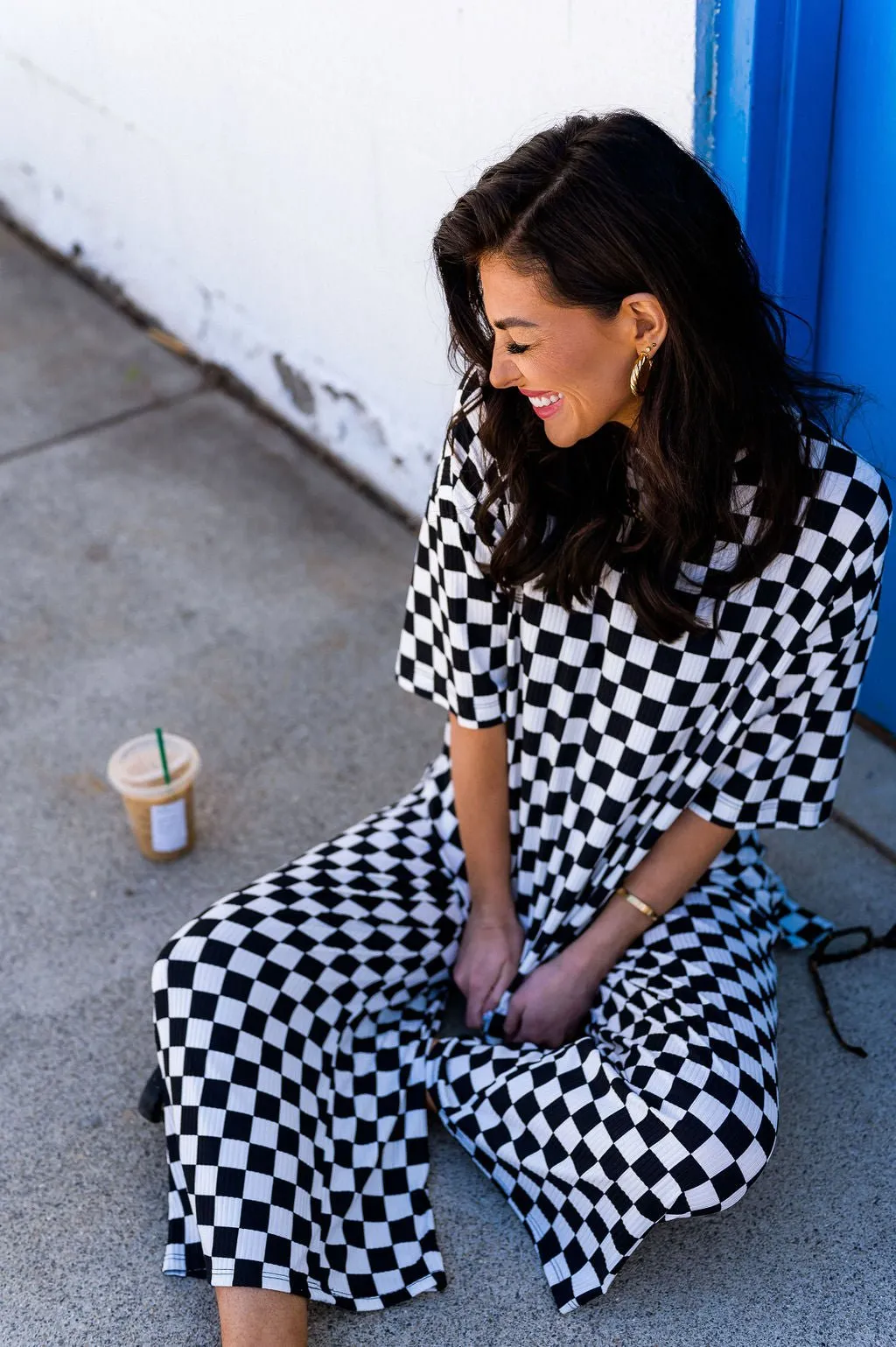 Lex Ribbed Playsuit in Black and White Checkerboard