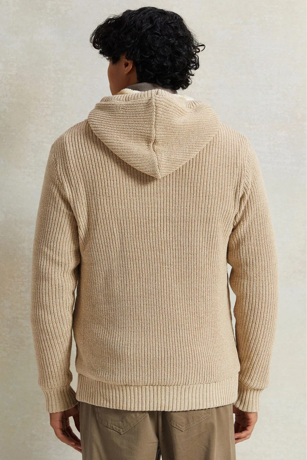 Men Beige Knitted Zip Thru Hoody With Faux Fur Lining