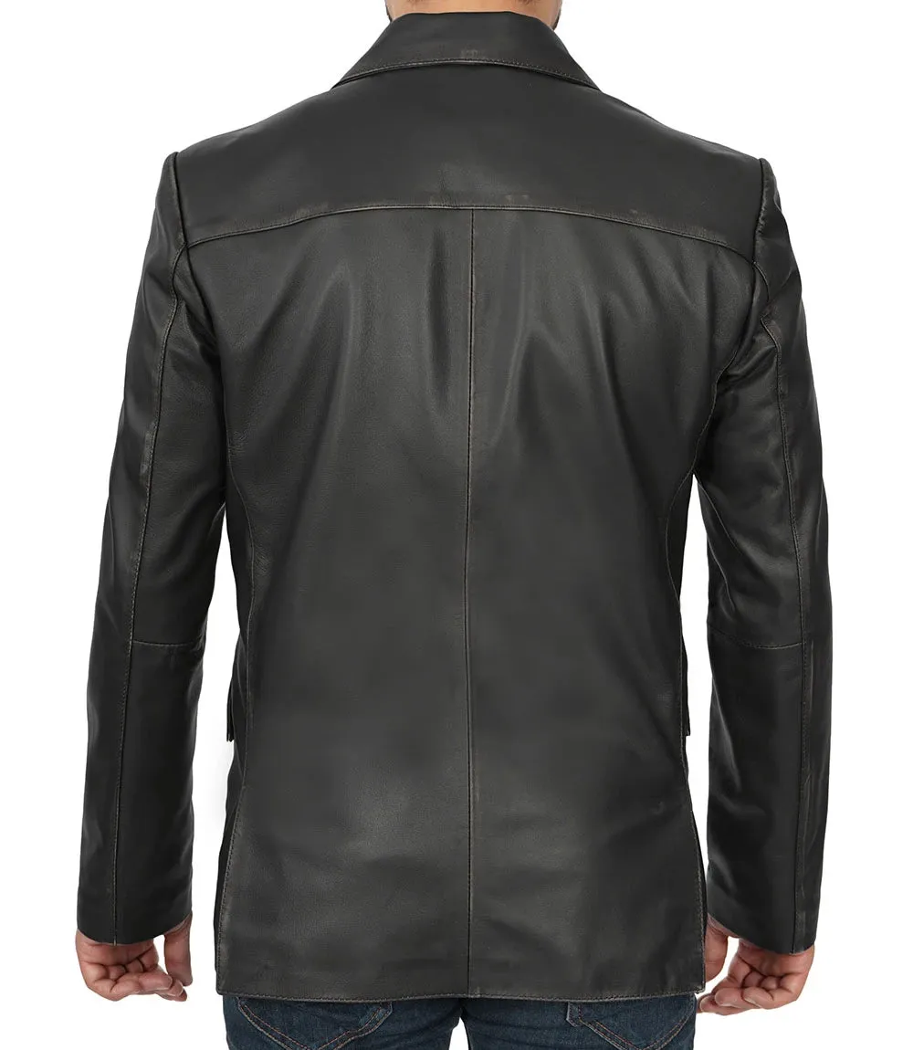 Men's Two Button Black Leather Blazer