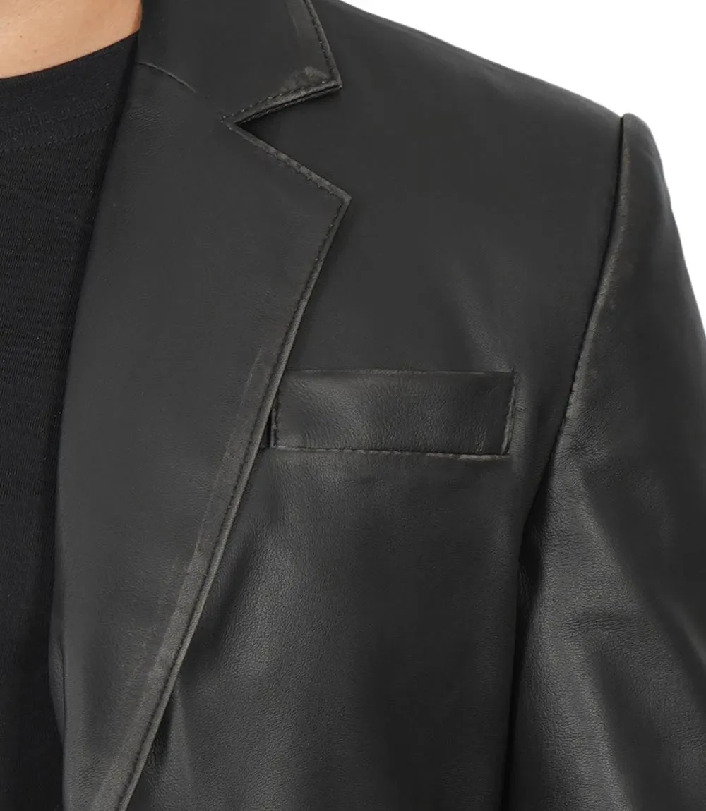 Men's Two Button Black Leather Blazer