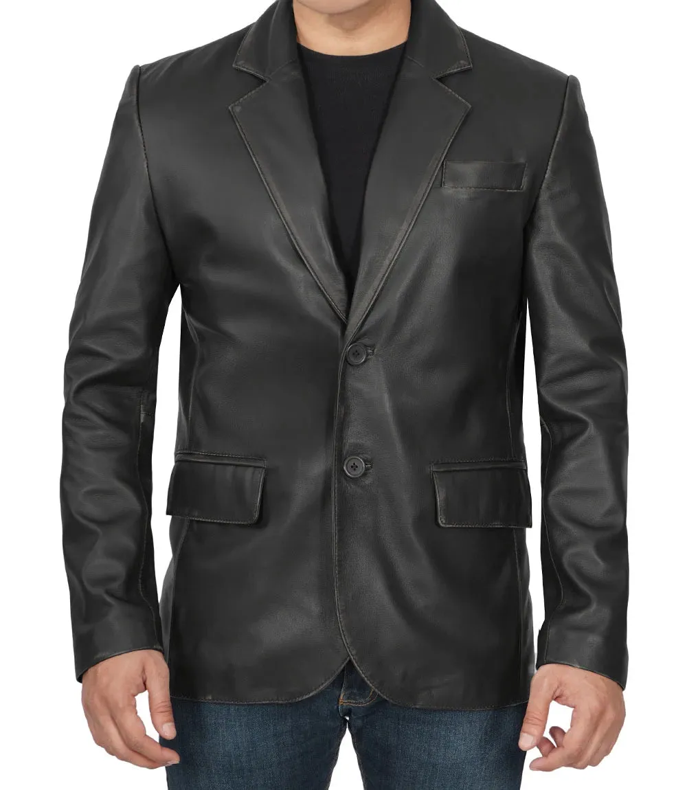 Men's Two Button Black Leather Blazer