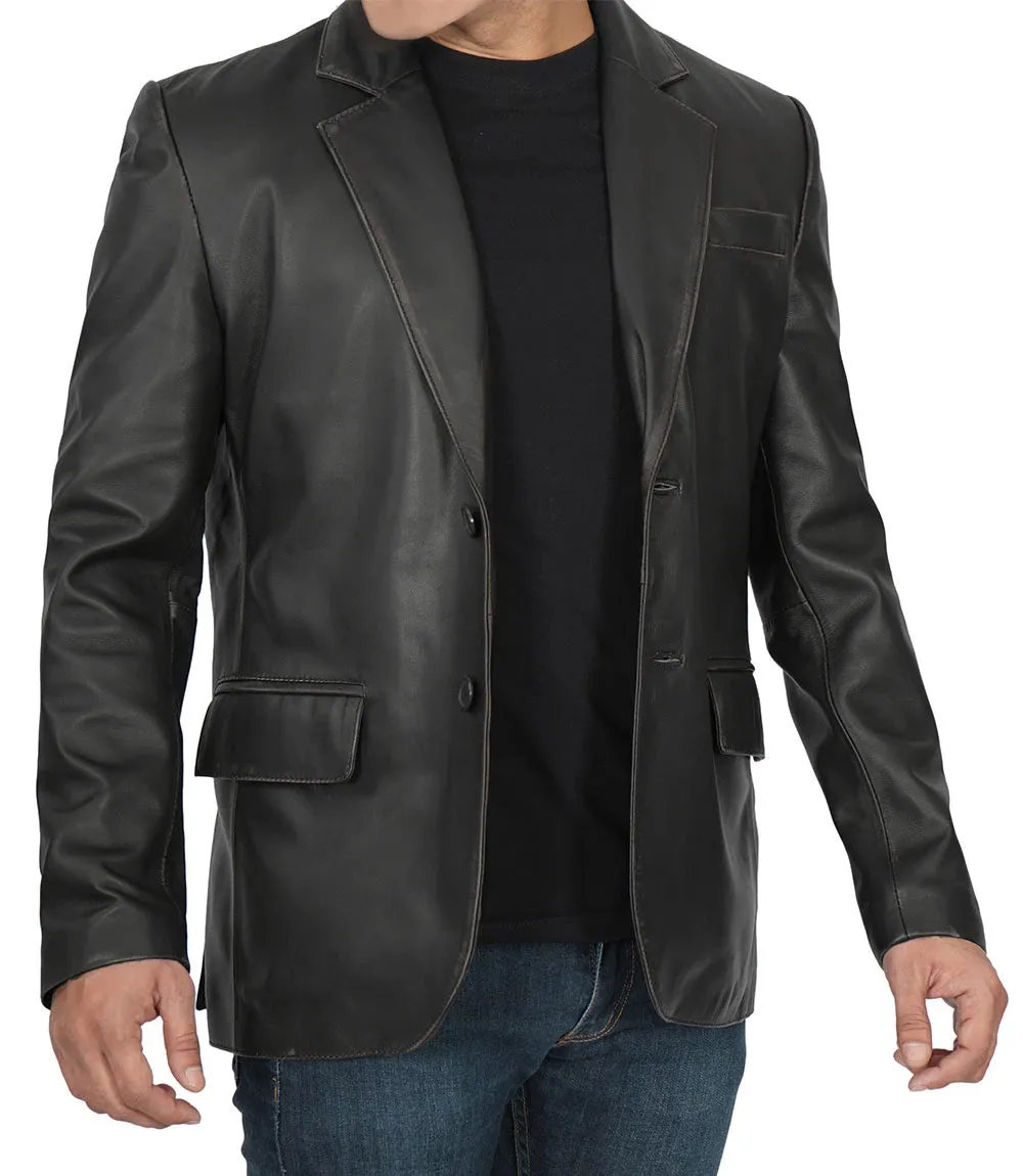 Men's Two Button Black Leather Blazer