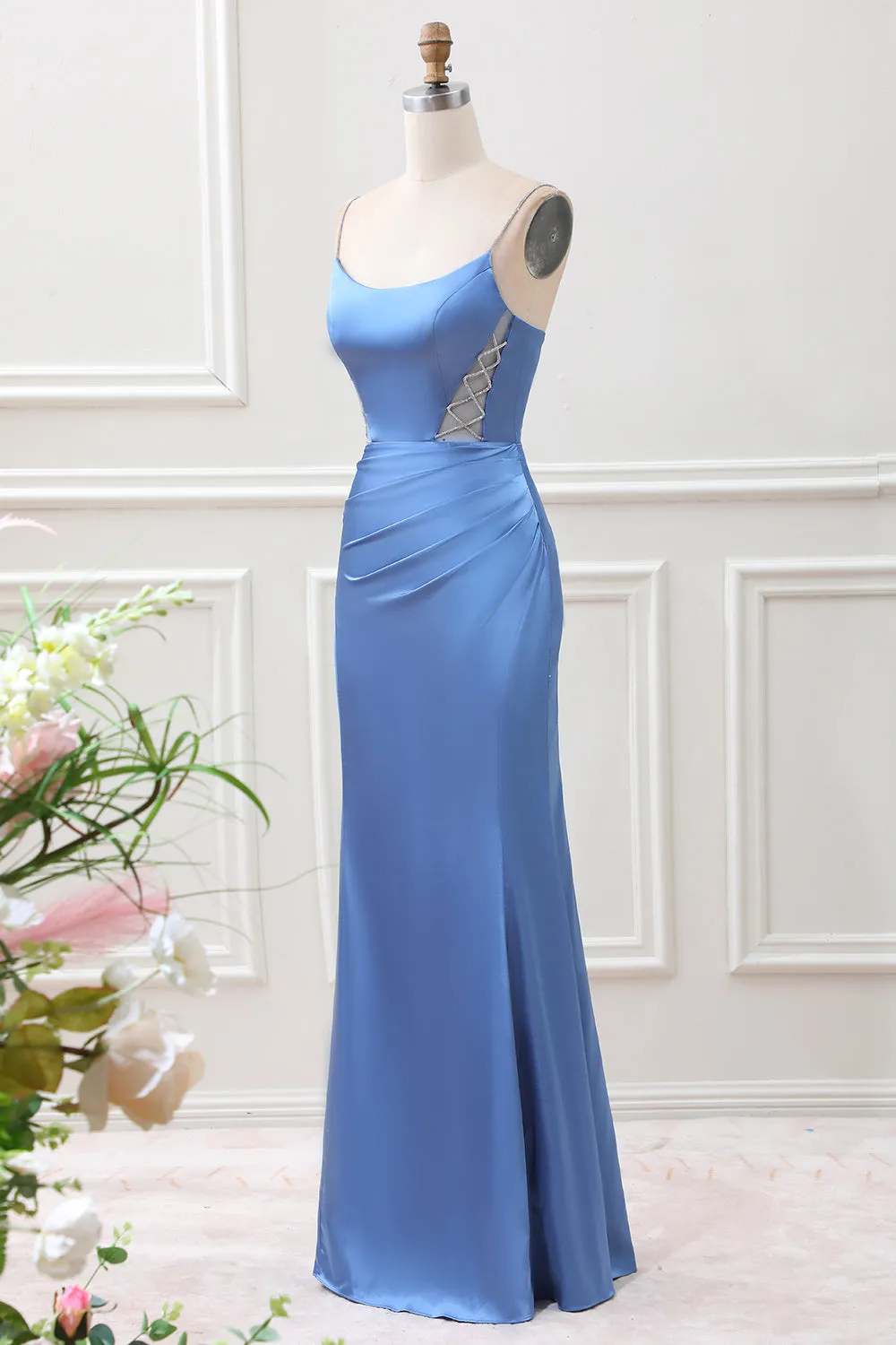 Mermaid Grey Blue Satin Spaghetti Straps Maxi Dress