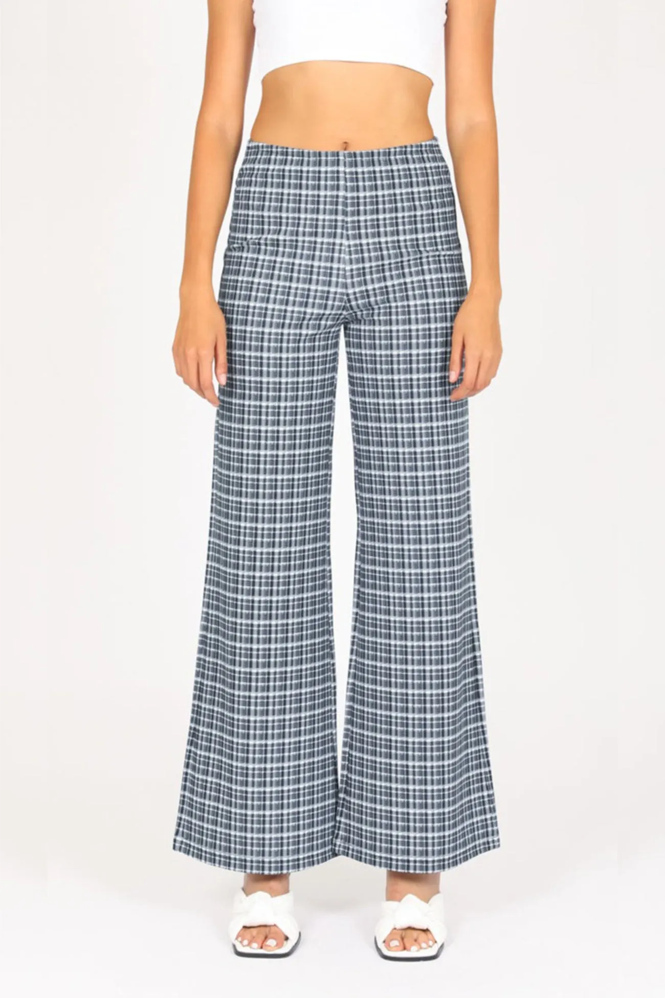 PLAID KNIT WIDE LEG PANTS - MINI CHARCOAL PLAID