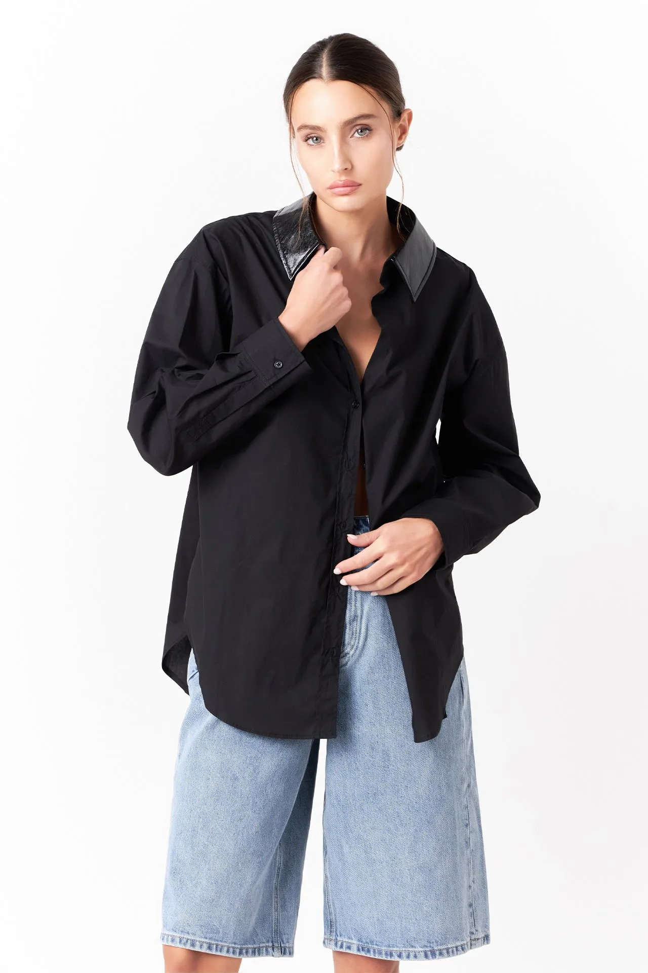 Pu Collared Oversize Shirt