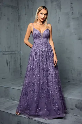 Purple Appliques A Line V Neck Spaghetti Straps Pleated Maxi Dress