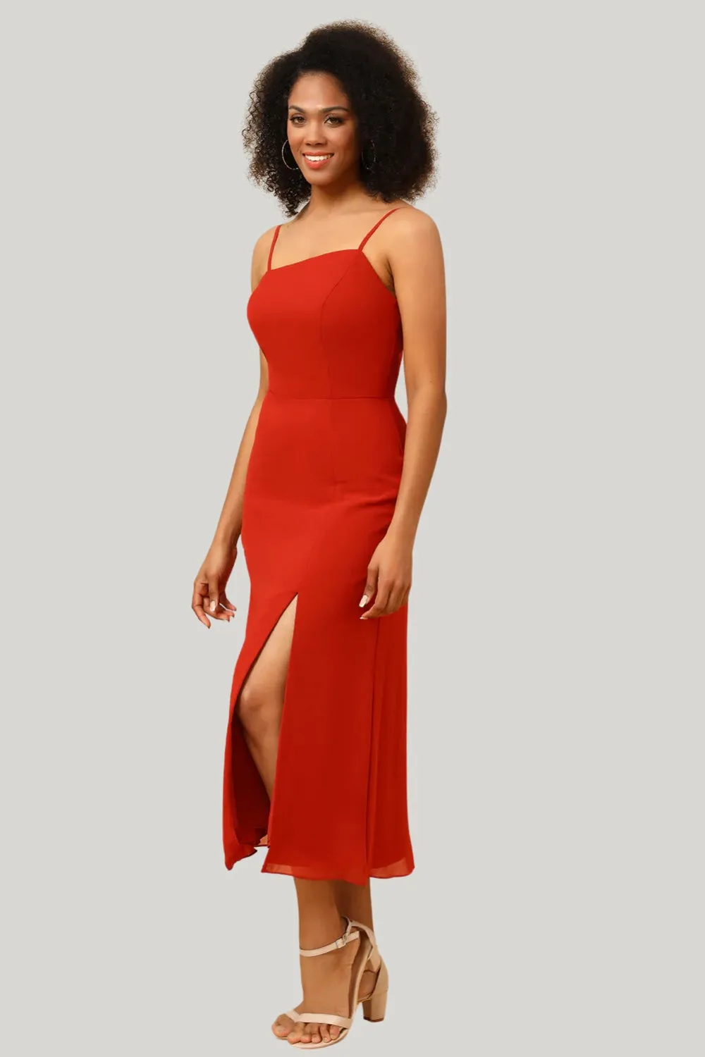 Red Chiffon Mermaid Spaghetti Straps Tea Length Dress with Slit