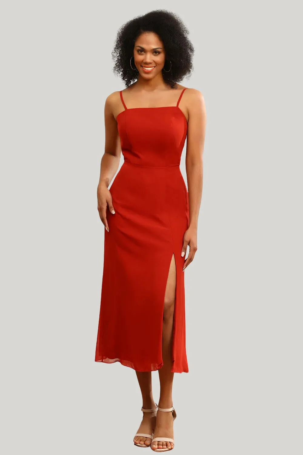 Red Chiffon Mermaid Spaghetti Straps Tea Length Dress with Slit