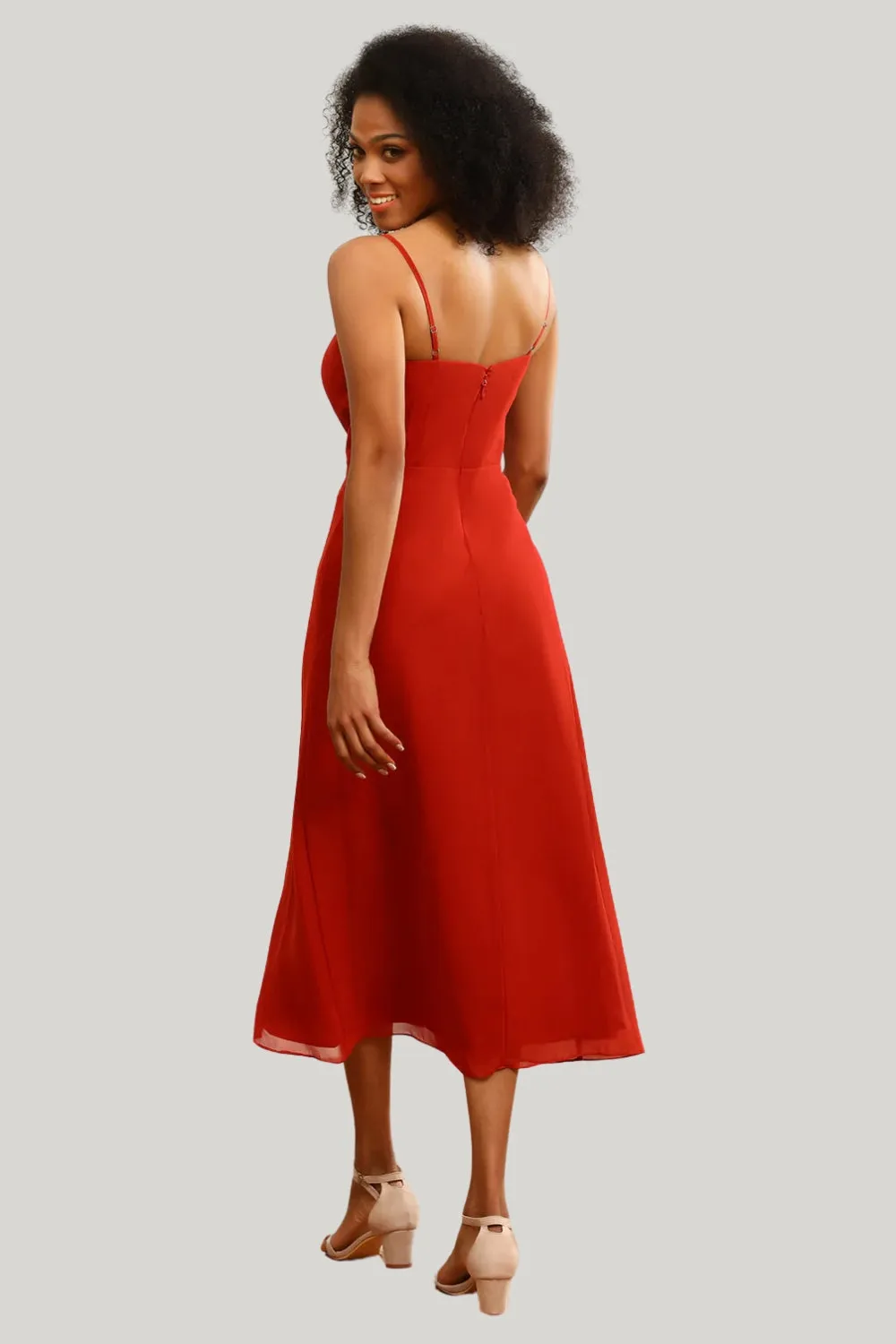 Red Chiffon Mermaid Spaghetti Straps Tea Length Dress with Slit