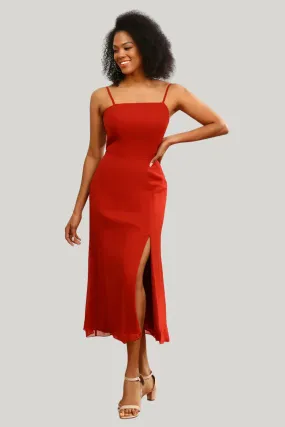 Red Chiffon Mermaid Spaghetti Straps Tea Length Dress with Slit