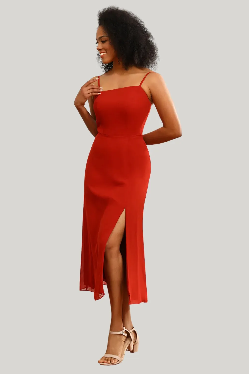 Red Chiffon Mermaid Spaghetti Straps Tea Length Dress with Slit