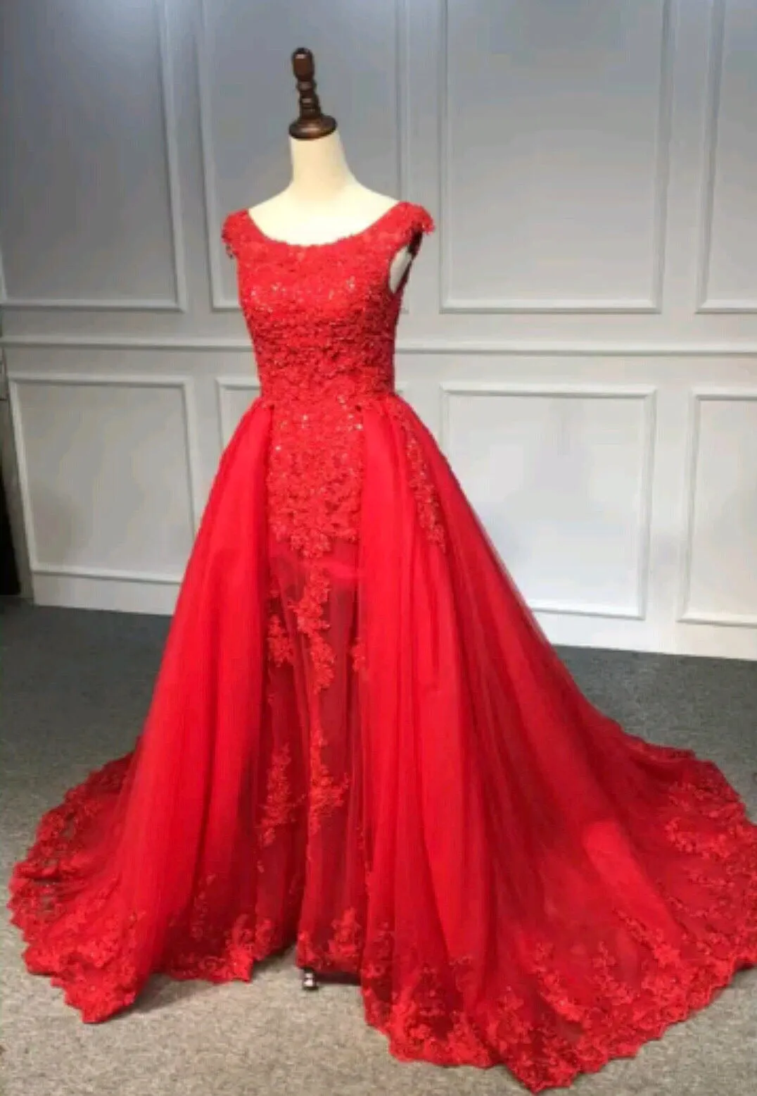 Red crystals beaded tulle prom dress two pieces 2020