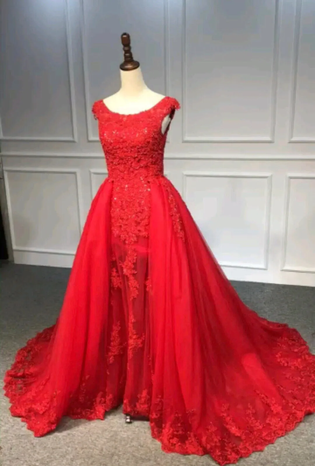 Red crystals beaded tulle prom dress two pieces 2020