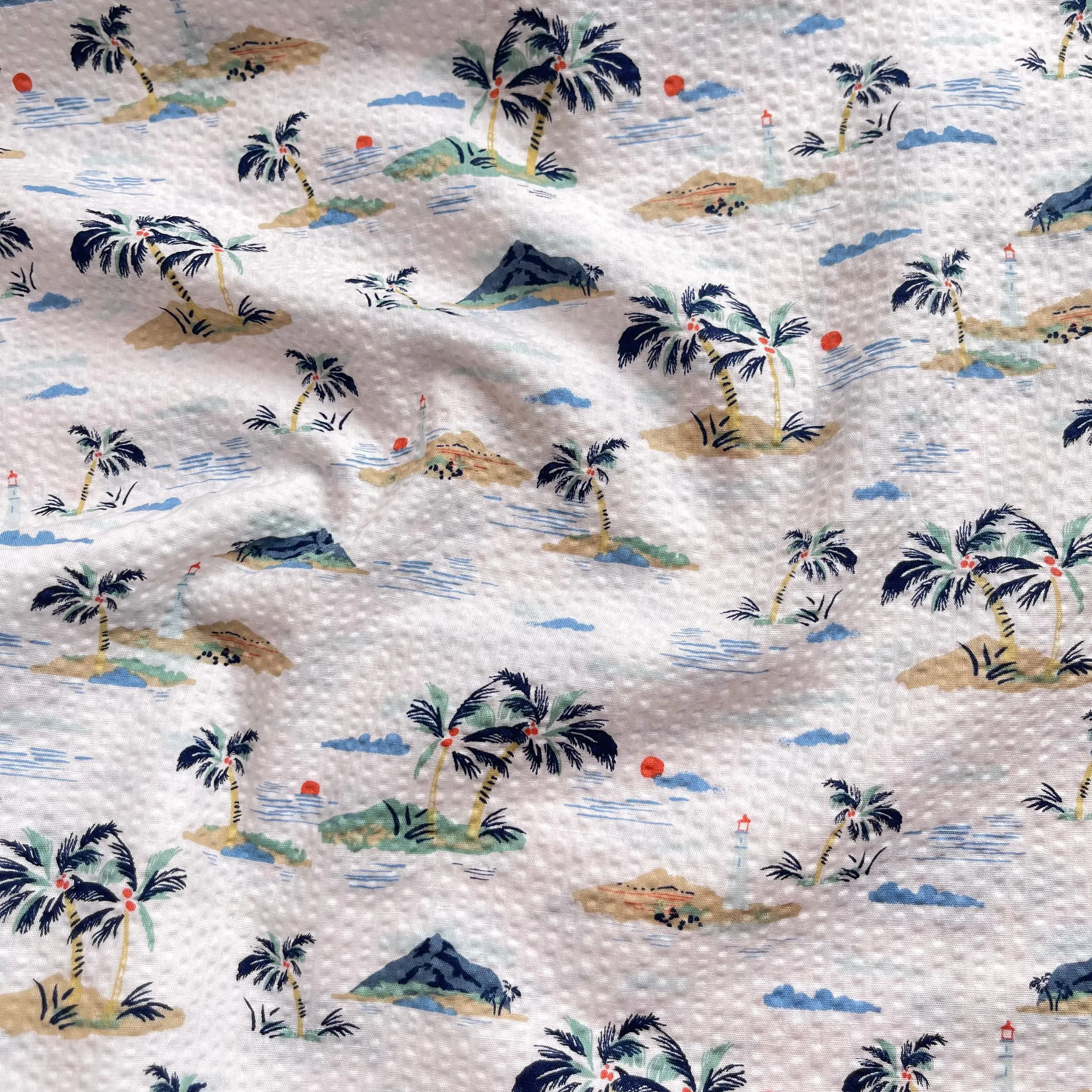 REMNANT 0.78 Metre - Holiday Islands on White Cotton Seersucker Fabric