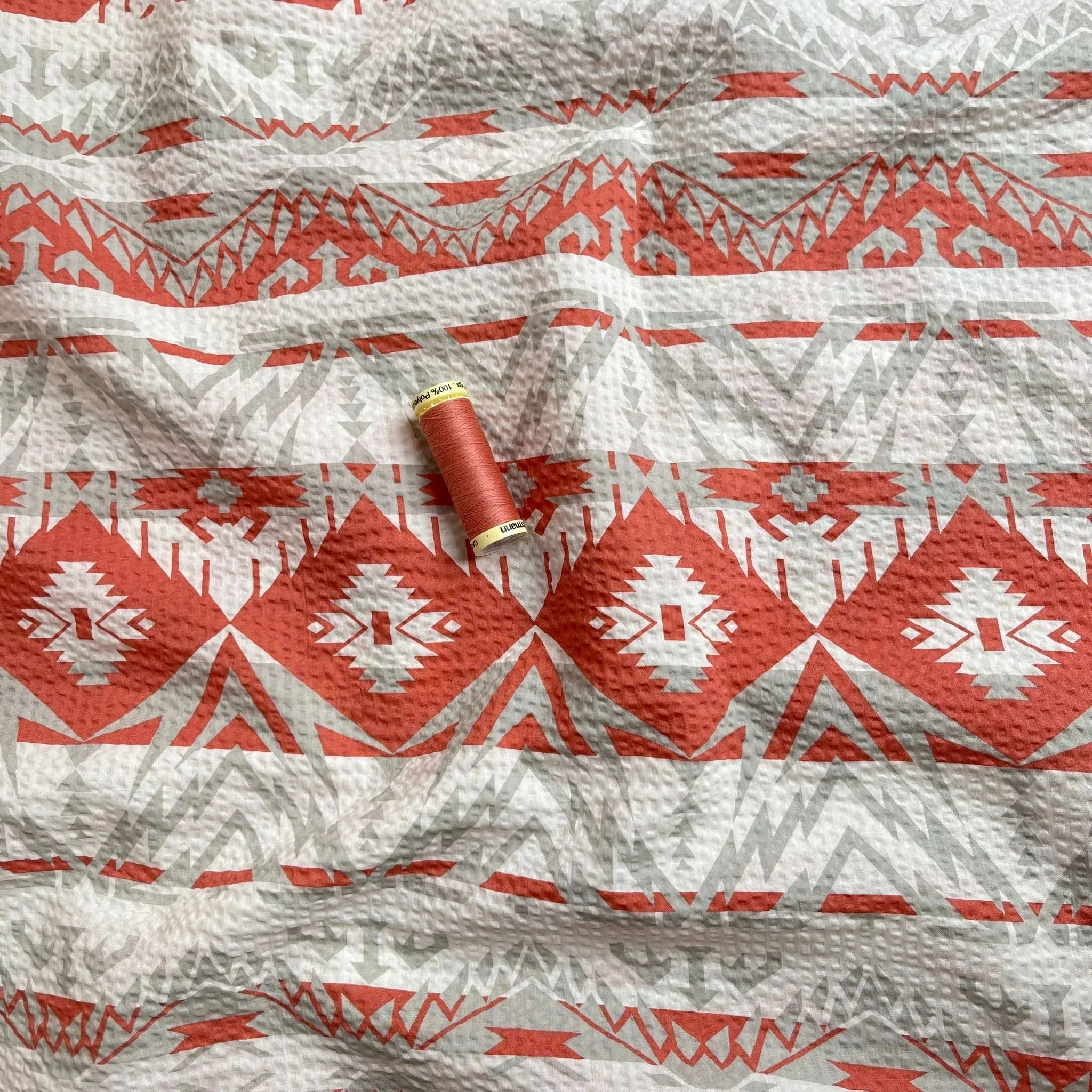 REMNANT 2.48 Metres (fault print is not straight)  - Ex-Designer Deadstock Aztec Cotton Seersucker Fabric