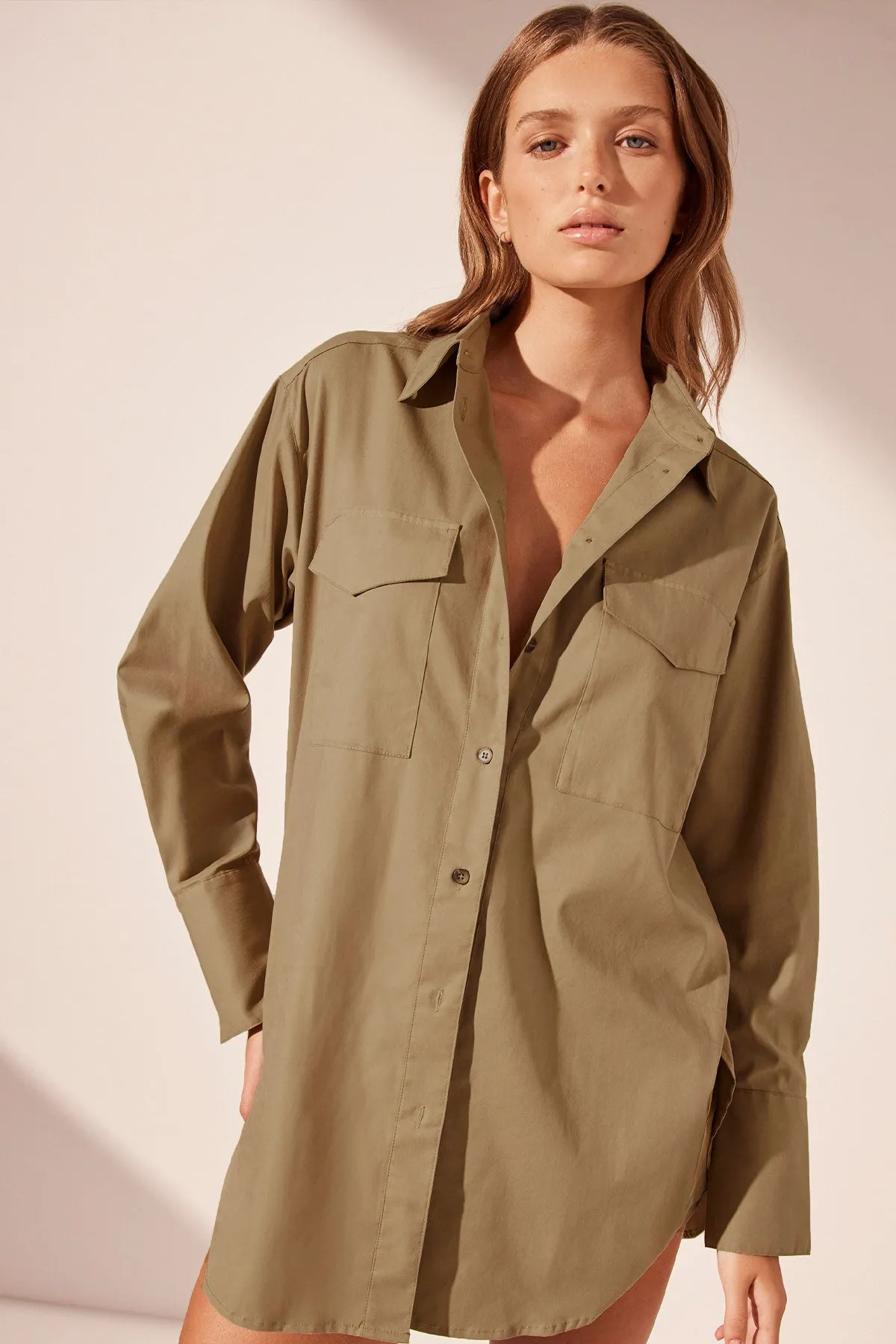 SABATO OVERSIZED PATCH POCKET SHIRT - GREY KHAKI