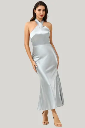 Sheath Halter Neck Silver Tea Length Dress