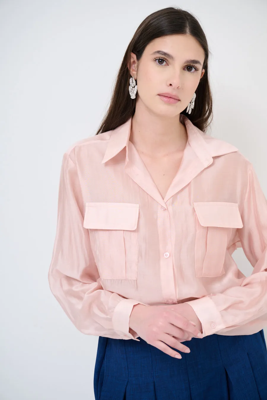 Sheer button-up blouse with pockets wholesale