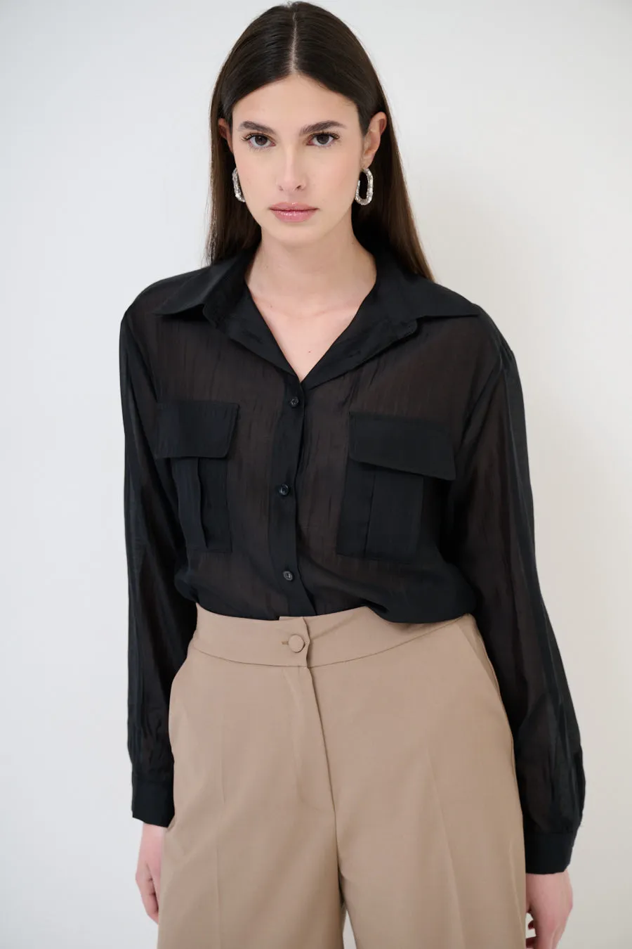 Sheer button-up blouse with pockets wholesale