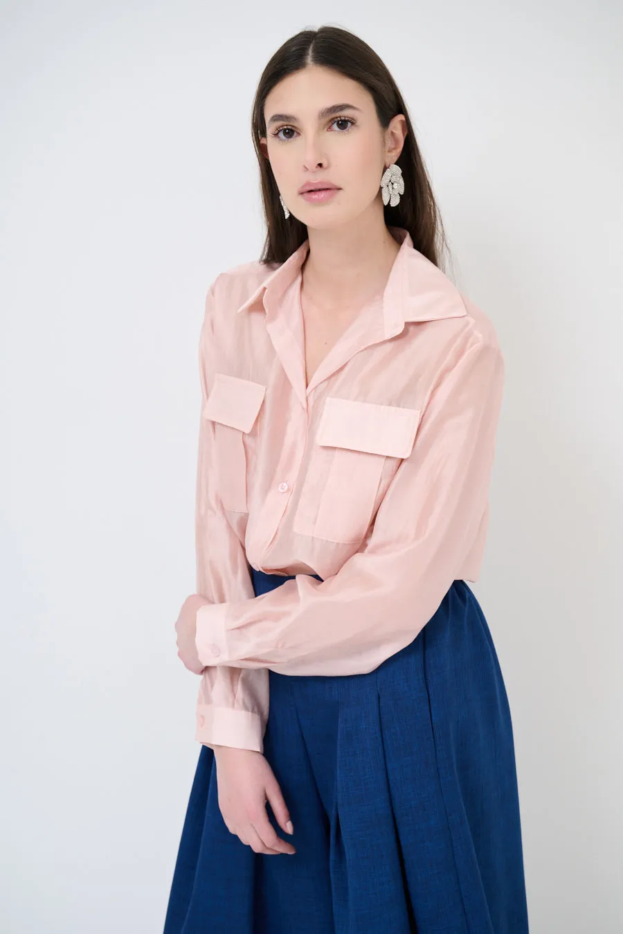 Sheer button-up blouse with pockets wholesale