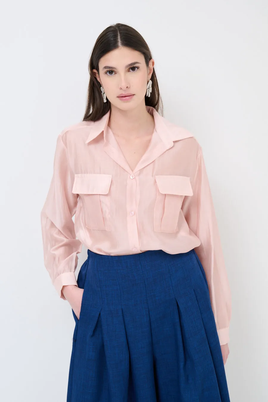 Sheer button-up blouse with pockets wholesale