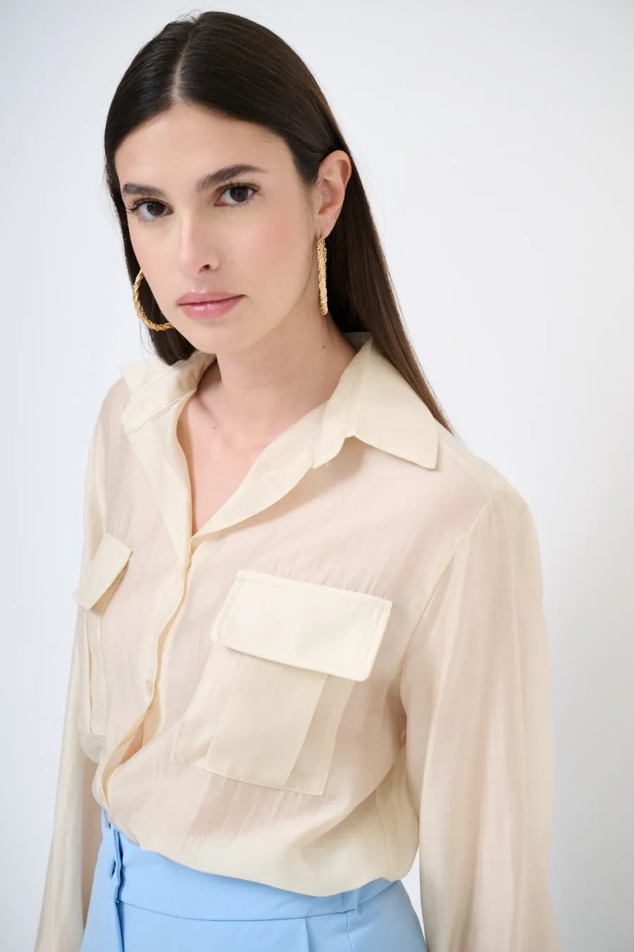 Sheer button-up blouse with pockets wholesale