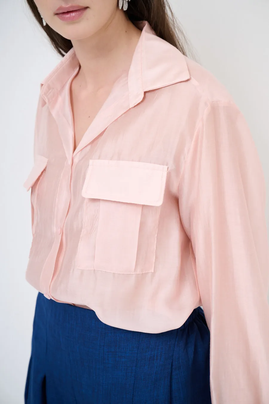 Sheer button-up blouse with pockets wholesale