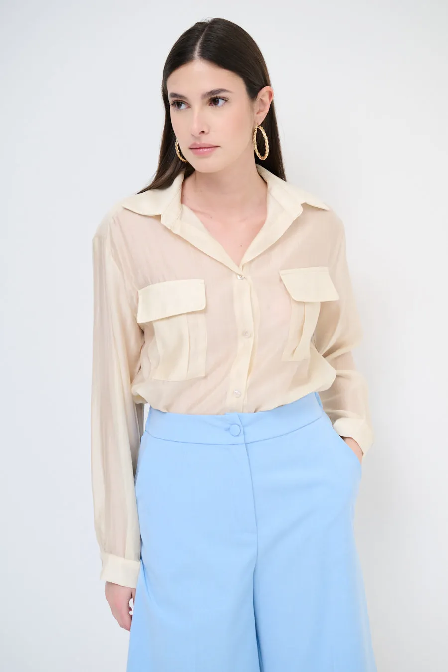 Sheer button-up blouse with pockets wholesale