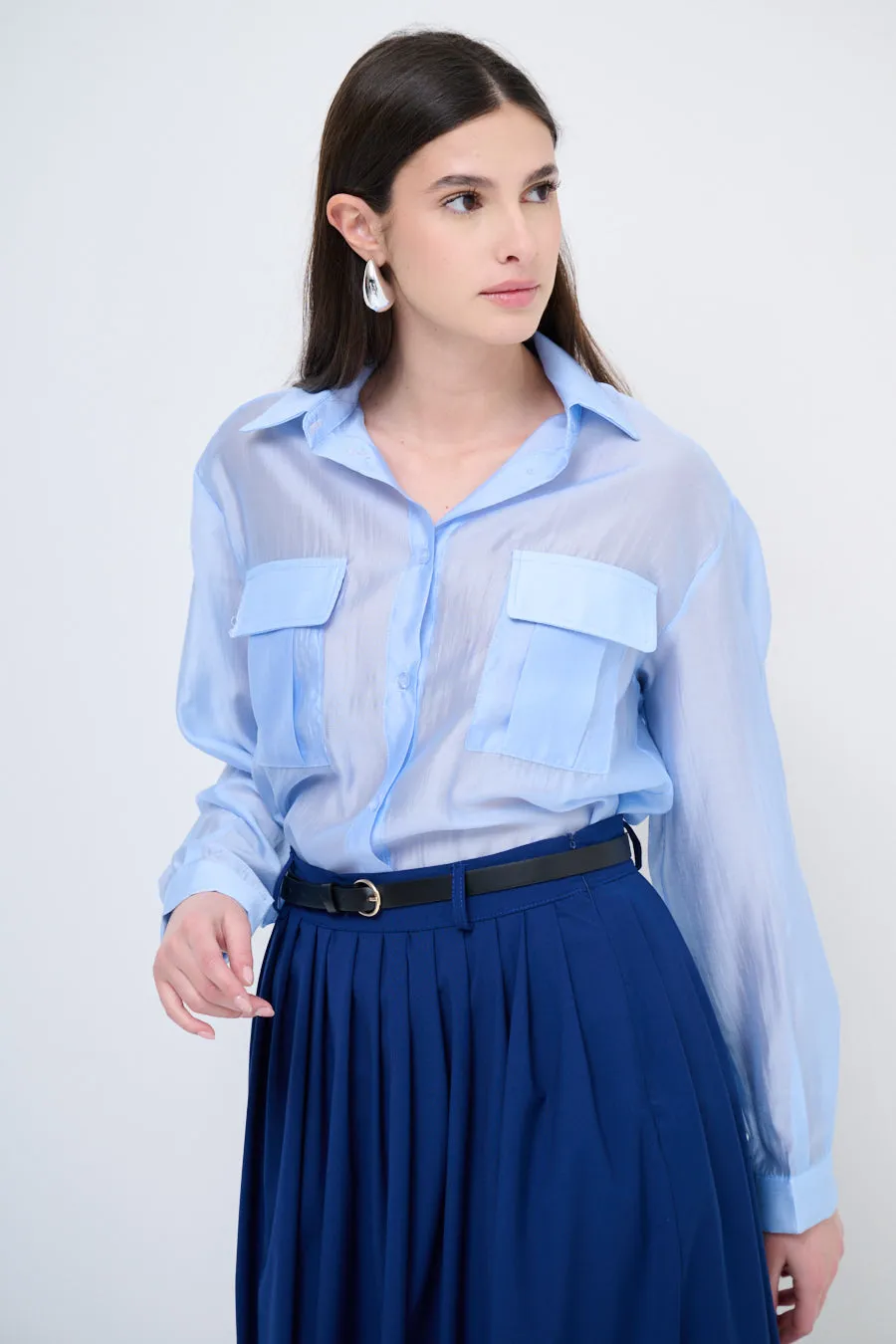 Sheer button-up blouse with pockets wholesale