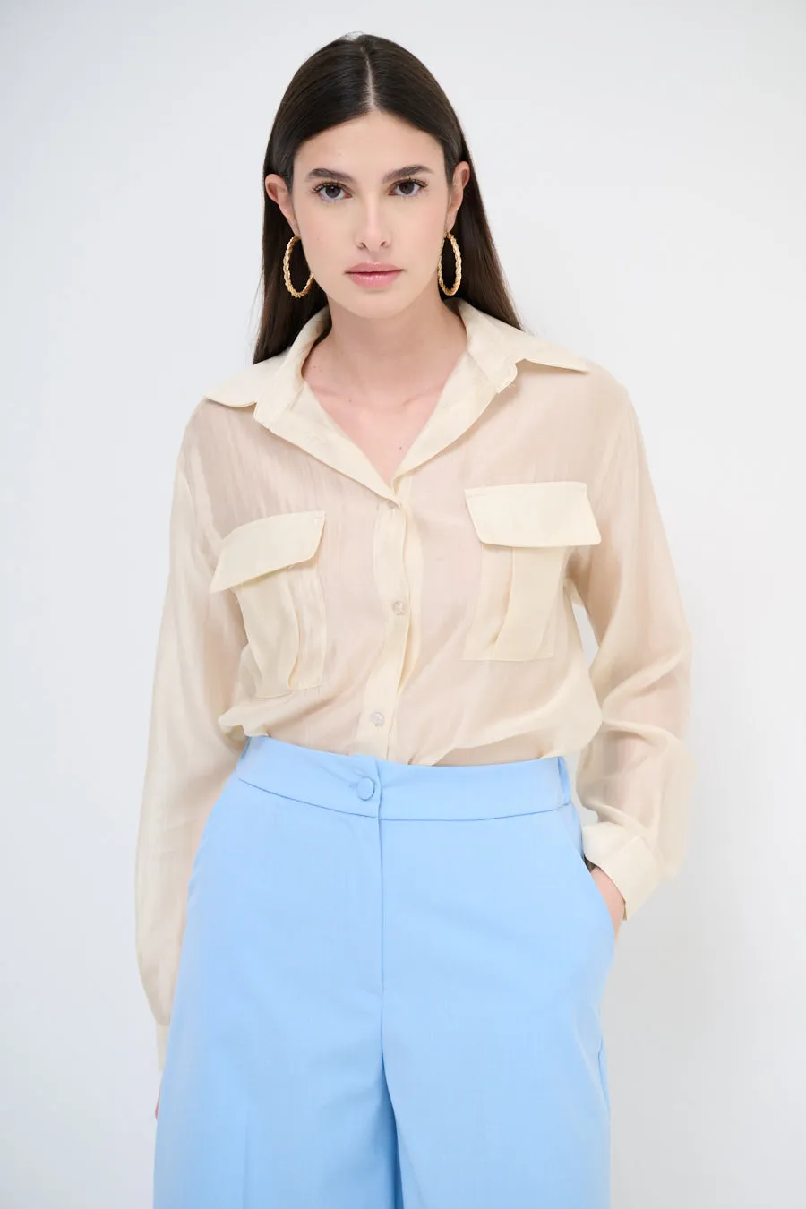 Sheer button-up blouse with pockets wholesale