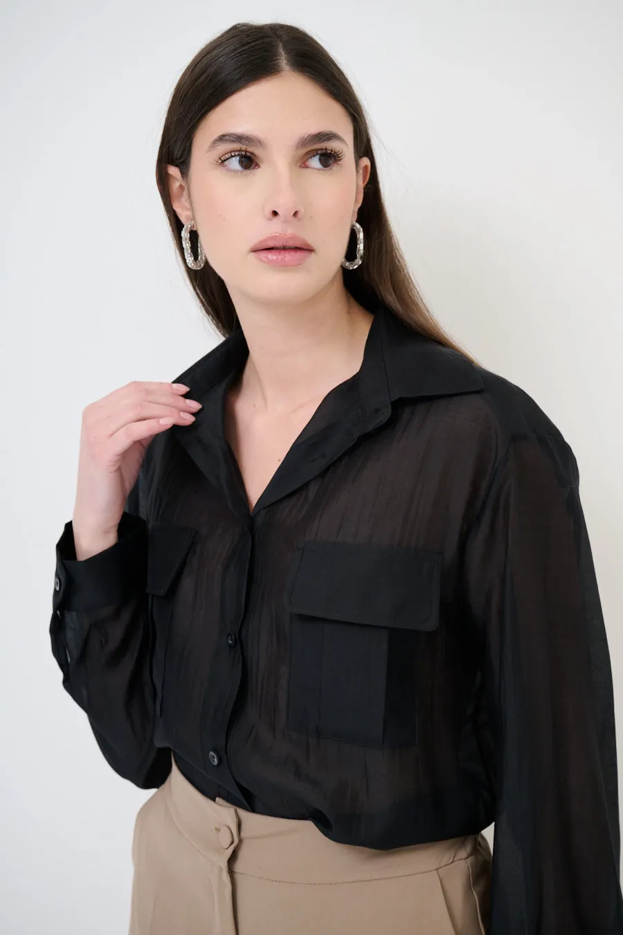 Sheer button-up blouse with pockets wholesale