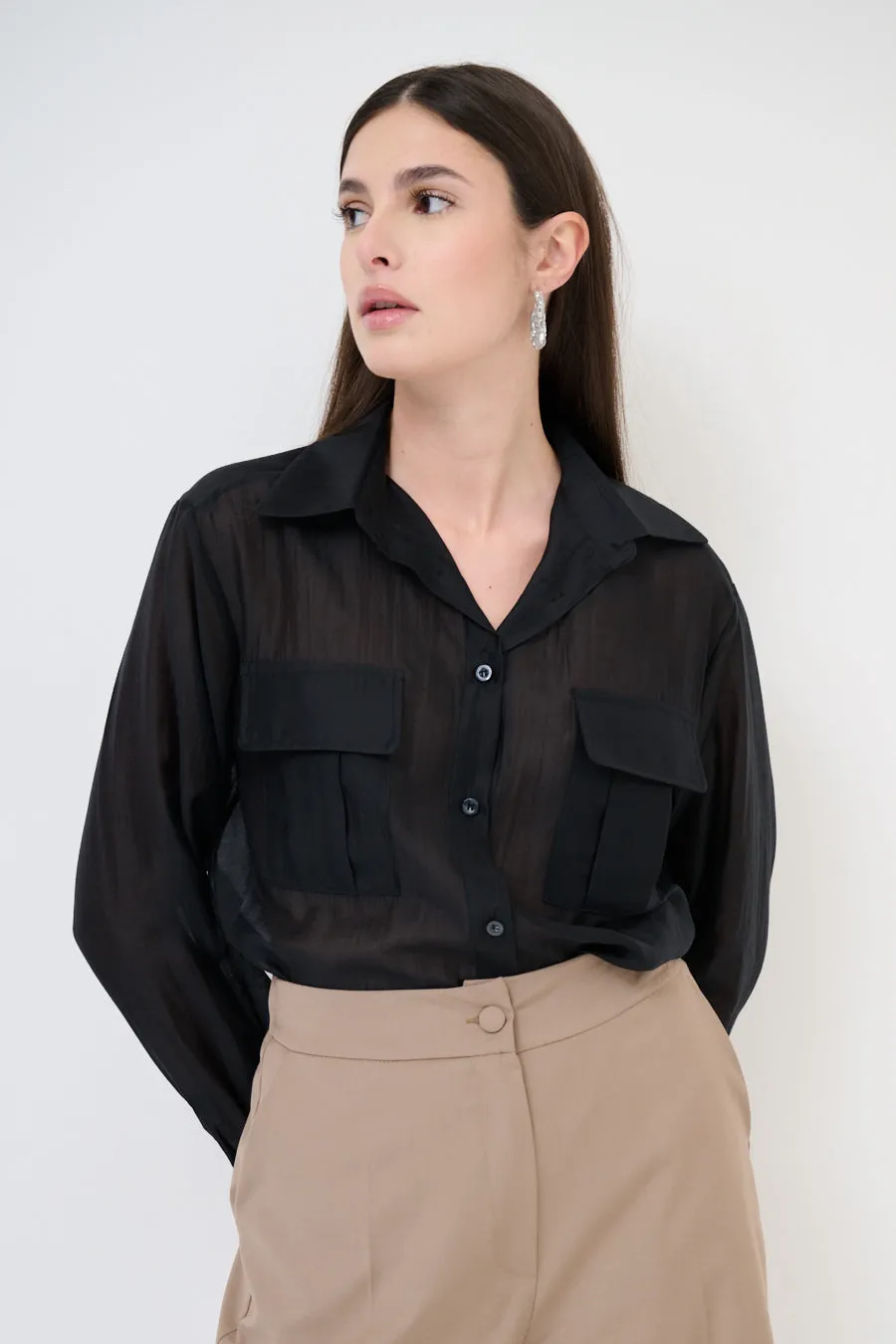 Sheer button-up blouse with pockets wholesale