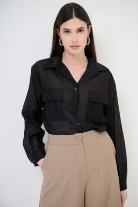 Sheer button-up blouse with pockets wholesale