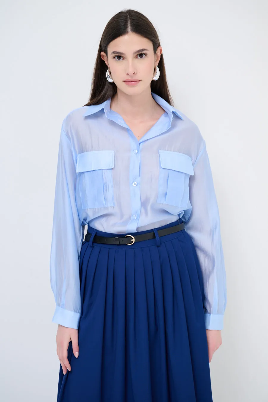 Sheer button-up blouse with pockets wholesale