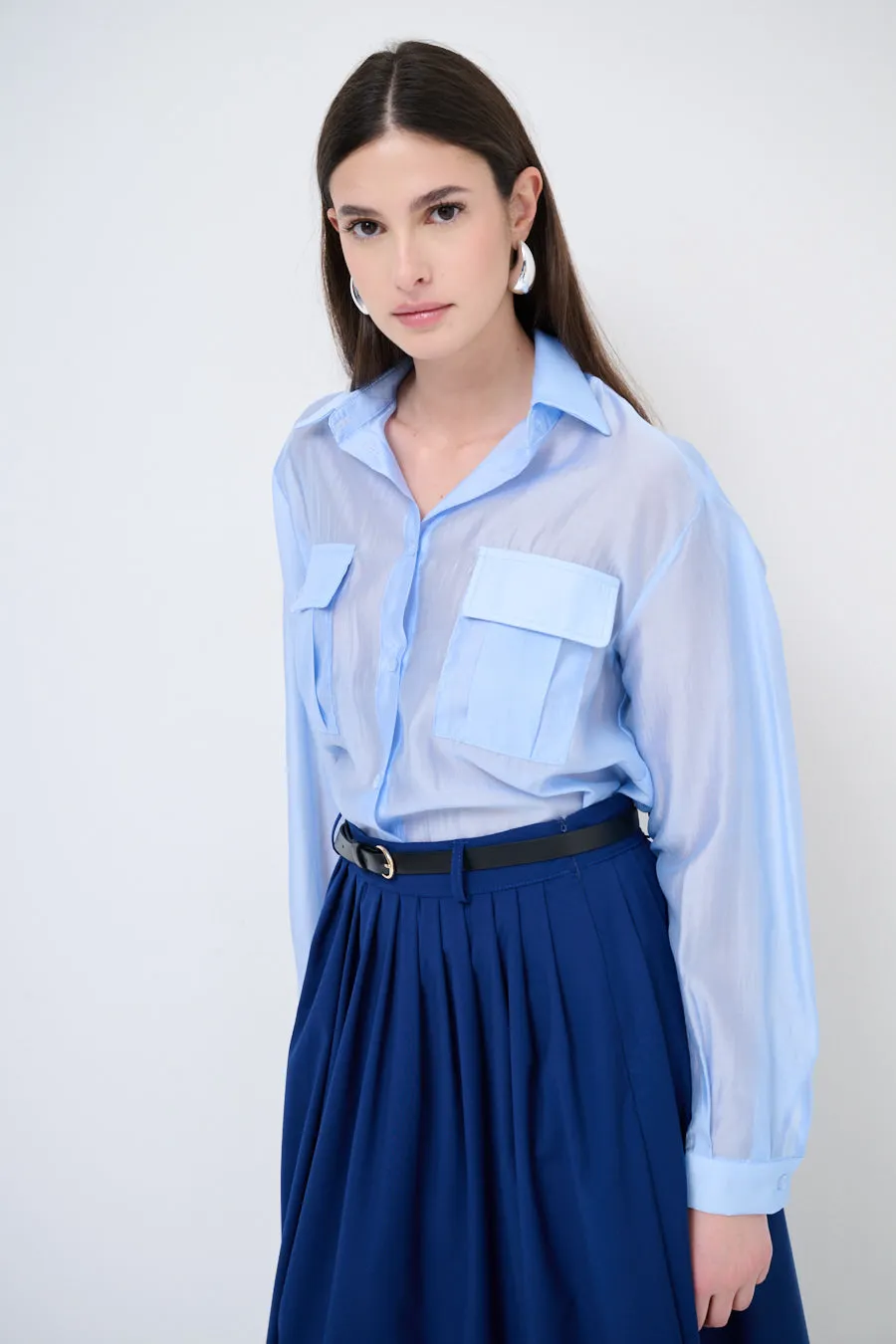 Sheer button-up blouse with pockets wholesale