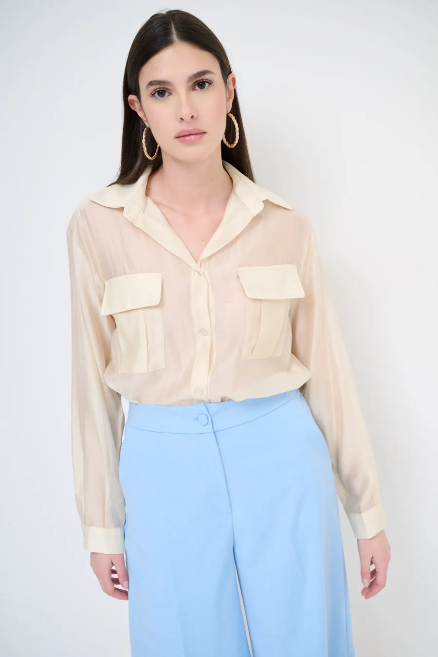 Sheer button-up blouse with pockets wholesale