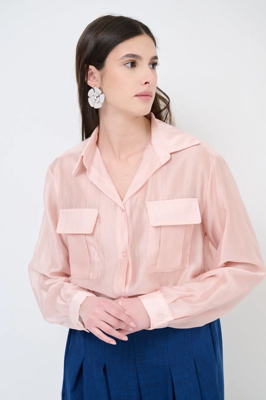 Sheer button-up blouse with pockets wholesale