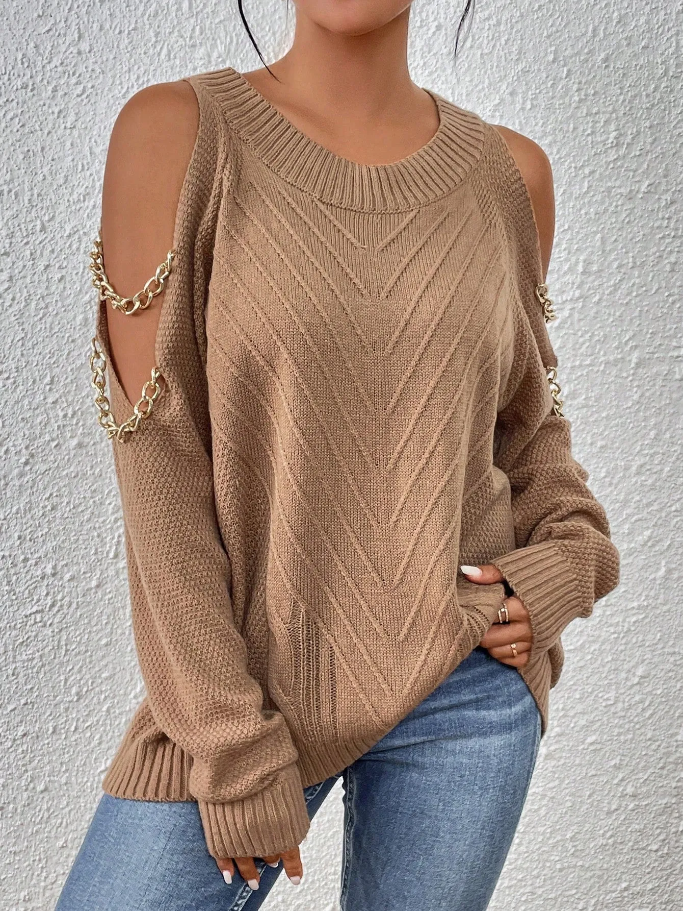 SHEIN LUNE Cold Shoulder Chain Detail Sweater