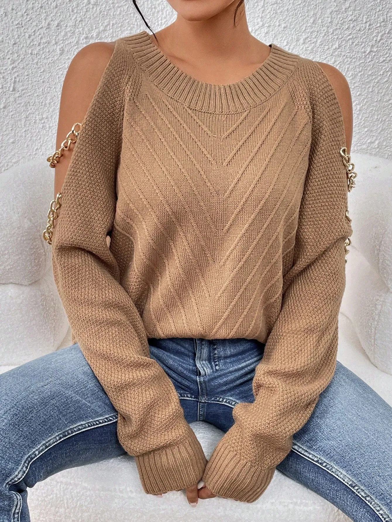 SHEIN LUNE Cold Shoulder Chain Detail Sweater