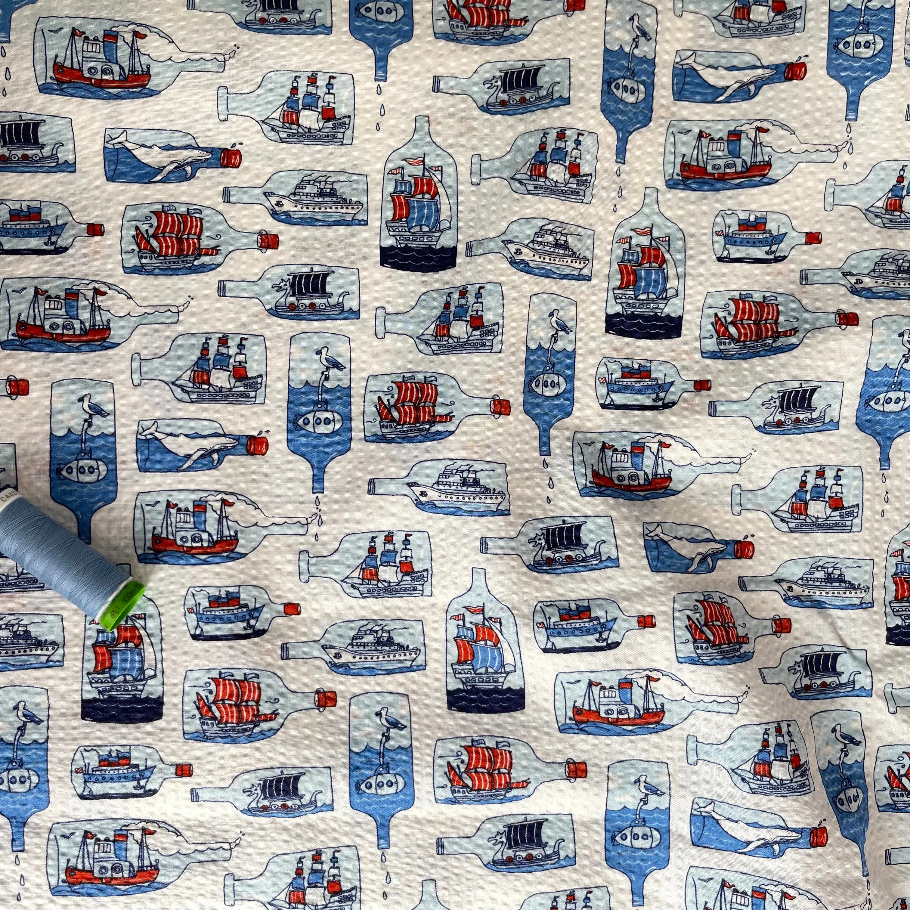 Ship in a Bottle White Cotton Seersucker Fabric