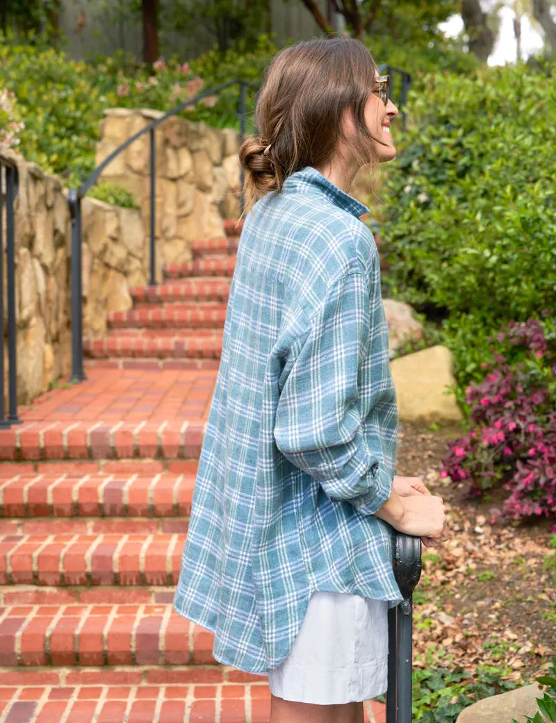 SHIRLEY Oversized Flannel Linen Button Up in Green Plaid