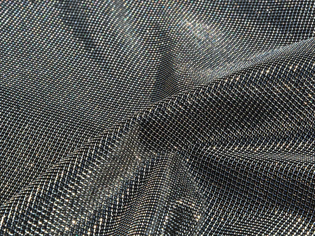 Silver Metallic Geometric Mesh Shimmer Interlock Bonding Fabric