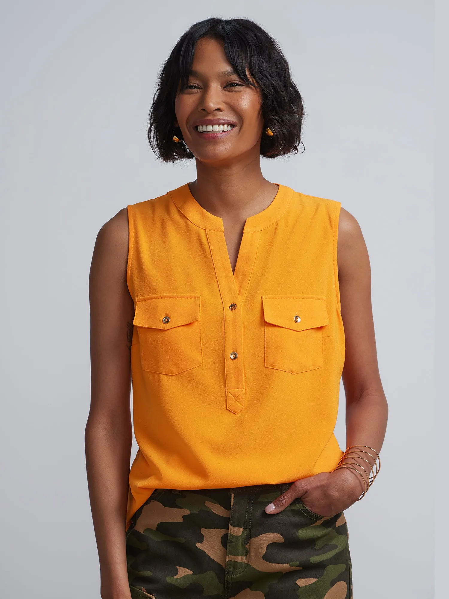 Sleeveless Patch-Pocket Crepe Top