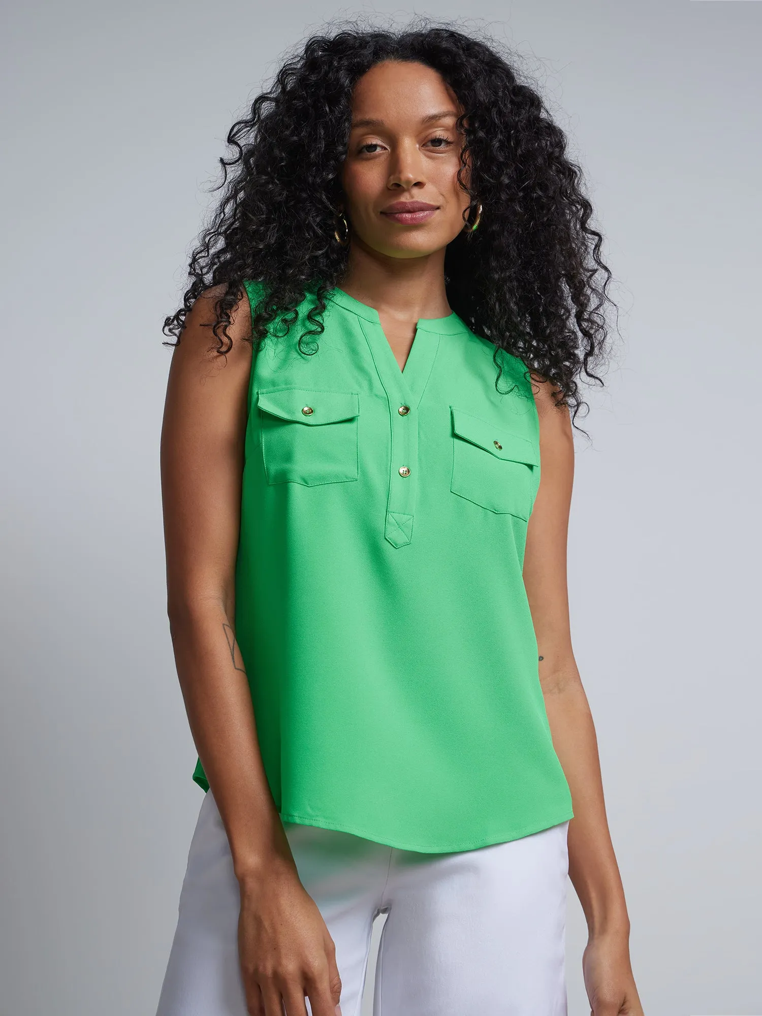 Sleeveless Patch-Pocket Crepe Top