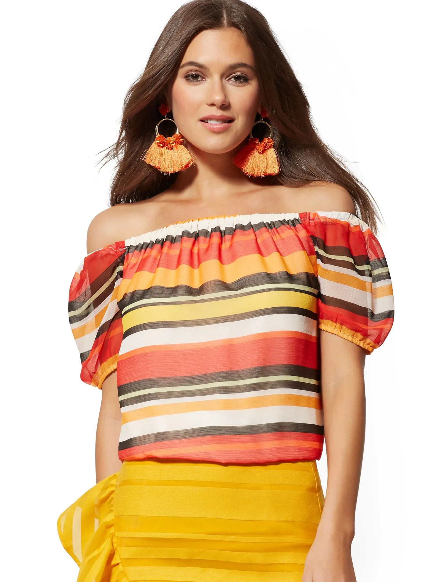 Stripe Off-The-Shoulder Puff-Sleeve Blouse