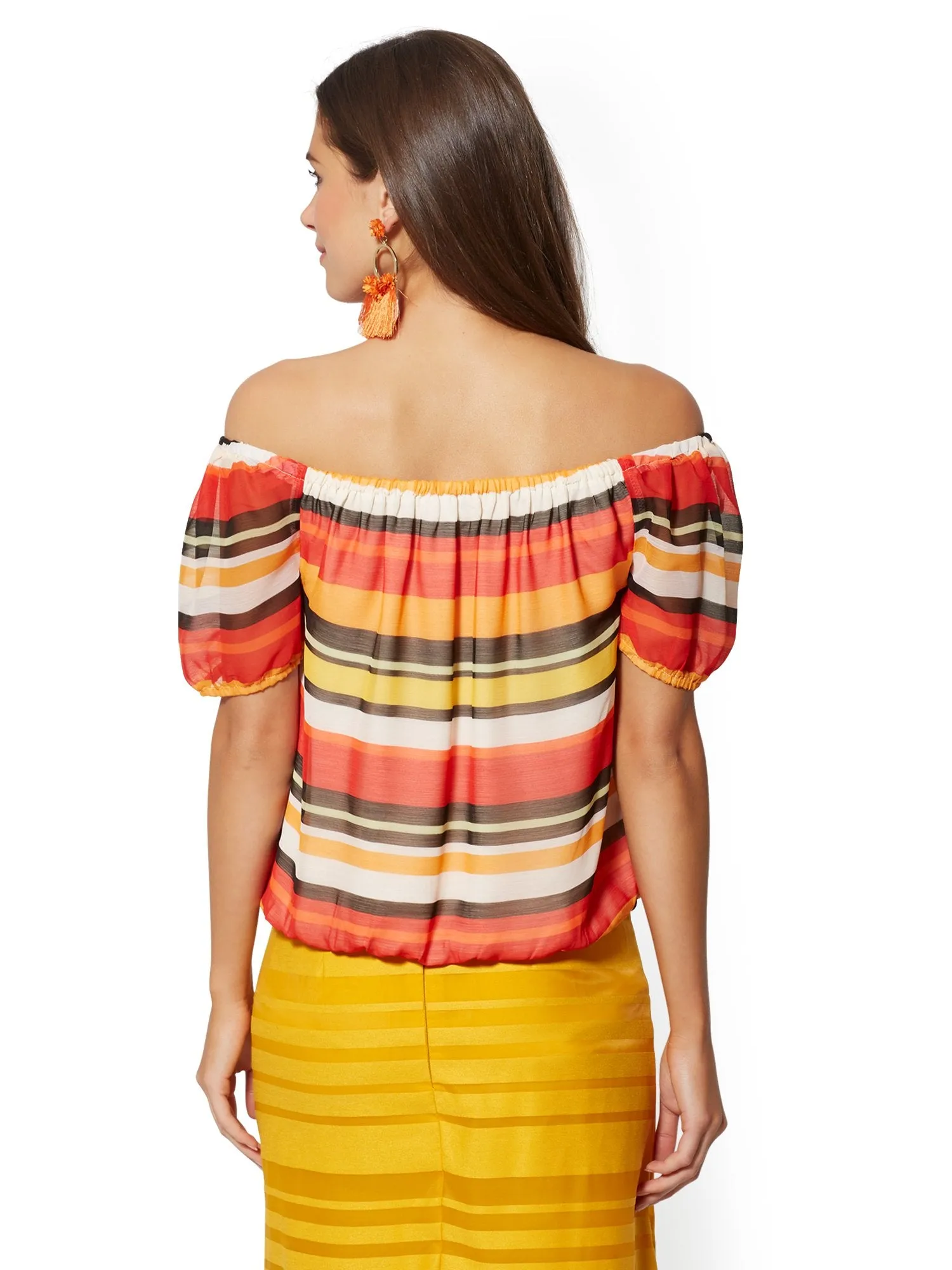 Stripe Off-The-Shoulder Puff-Sleeve Blouse