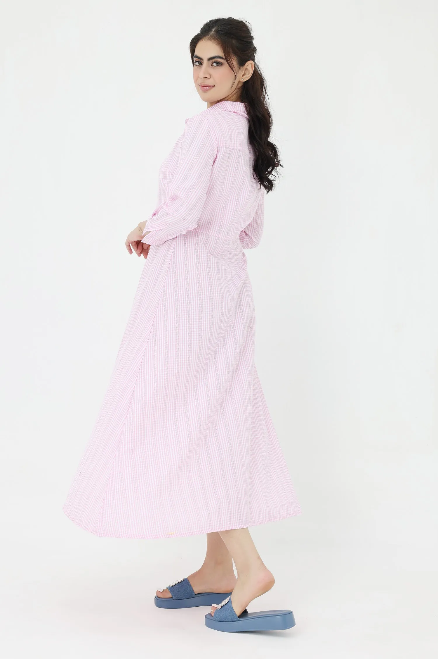 STRIPPED CHIC SHIRT DRESS-PINK