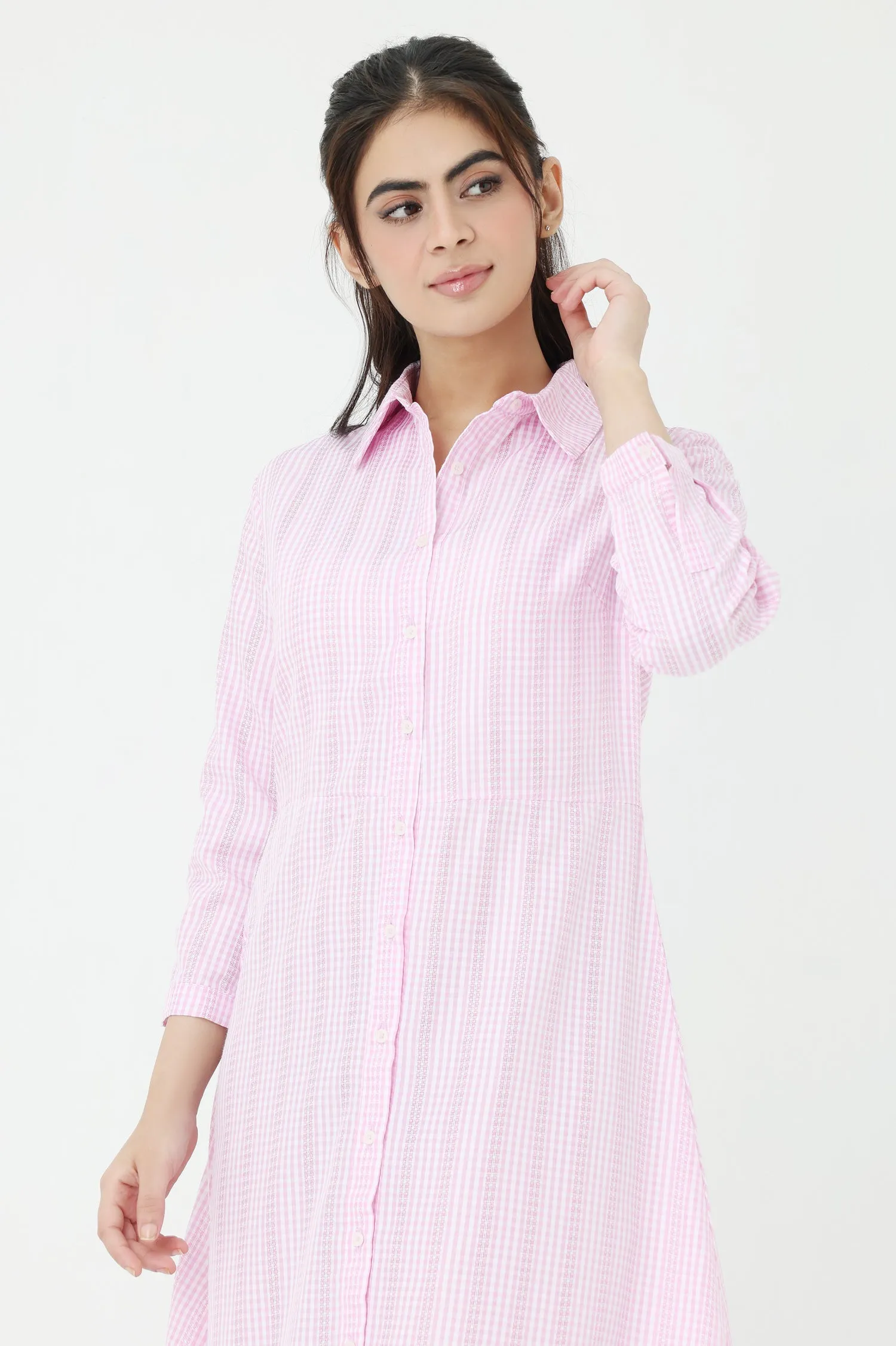 STRIPPED CHIC SHIRT DRESS-PINK