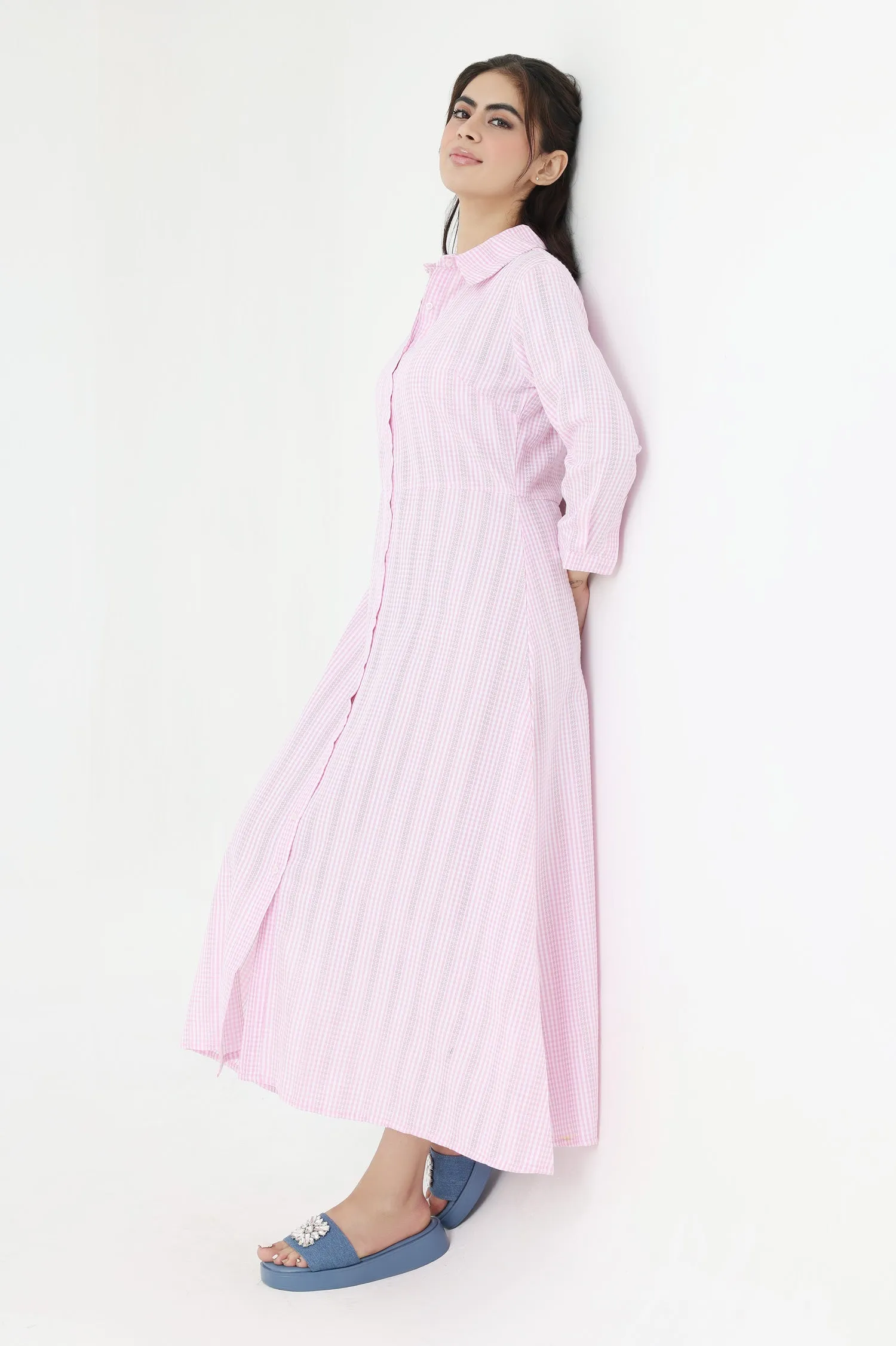 STRIPPED CHIC SHIRT DRESS-PINK